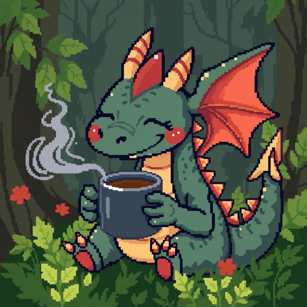 Smiling Dragon with Coffee in Pixel Art Style
