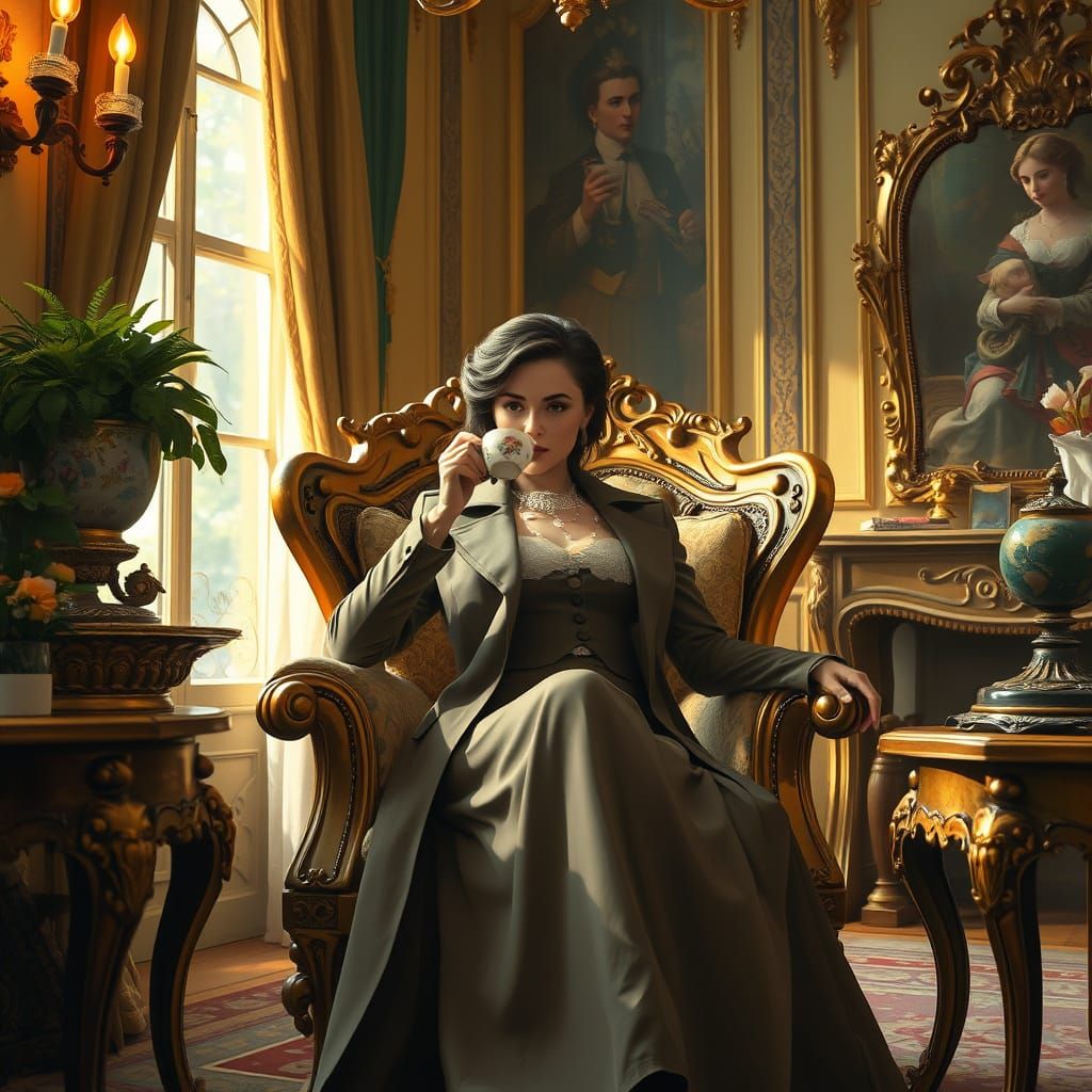 Woman Sipping Coffee in Baroque Setting, Digital Oil Paintin...