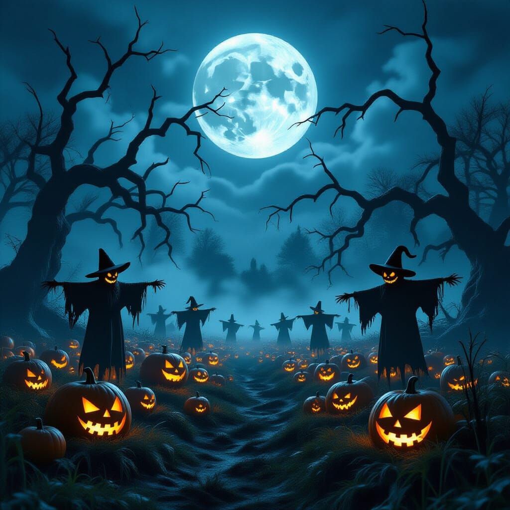 Eerie Halloween Harvest Scene with Glowing Jack-o'-lanterns