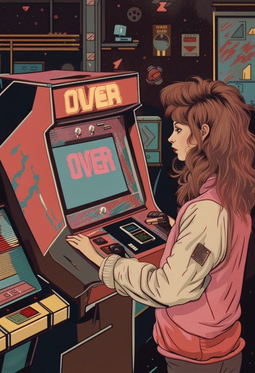 Girl with 80s teased hair playing an arcade game