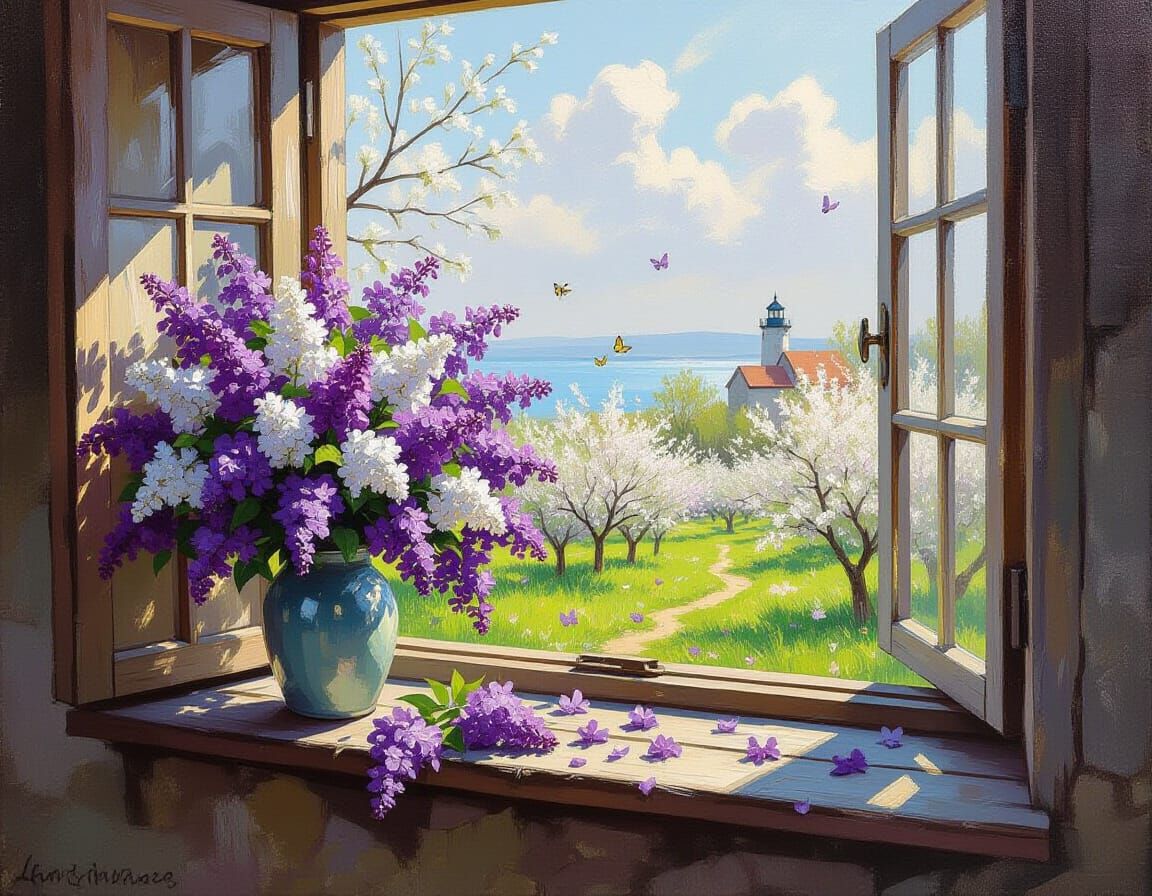 Neo-Impressionist Lilacs in Spring Orchard View