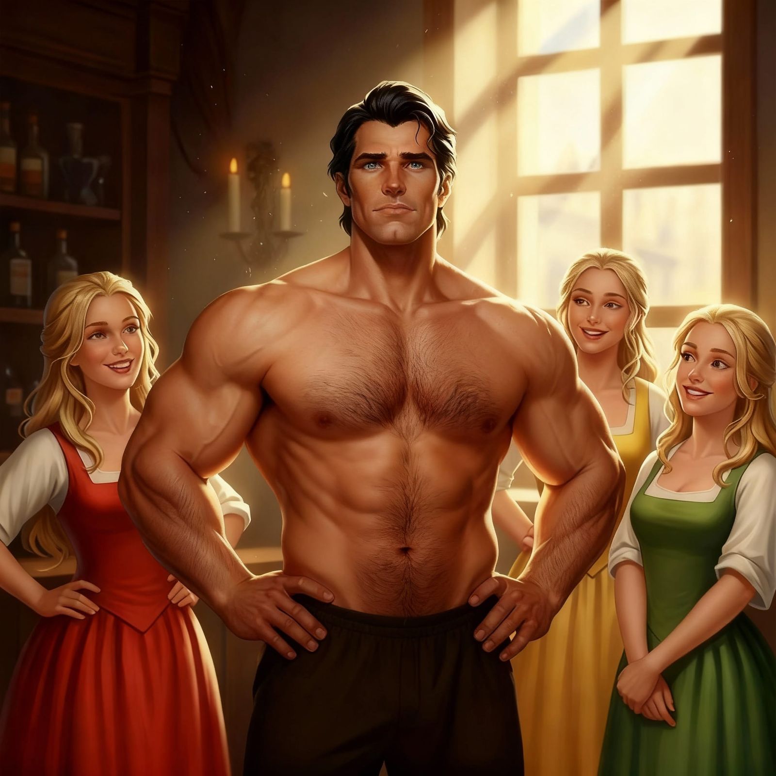 Gaston Flirts in a French Tavern with Three Bimbettes