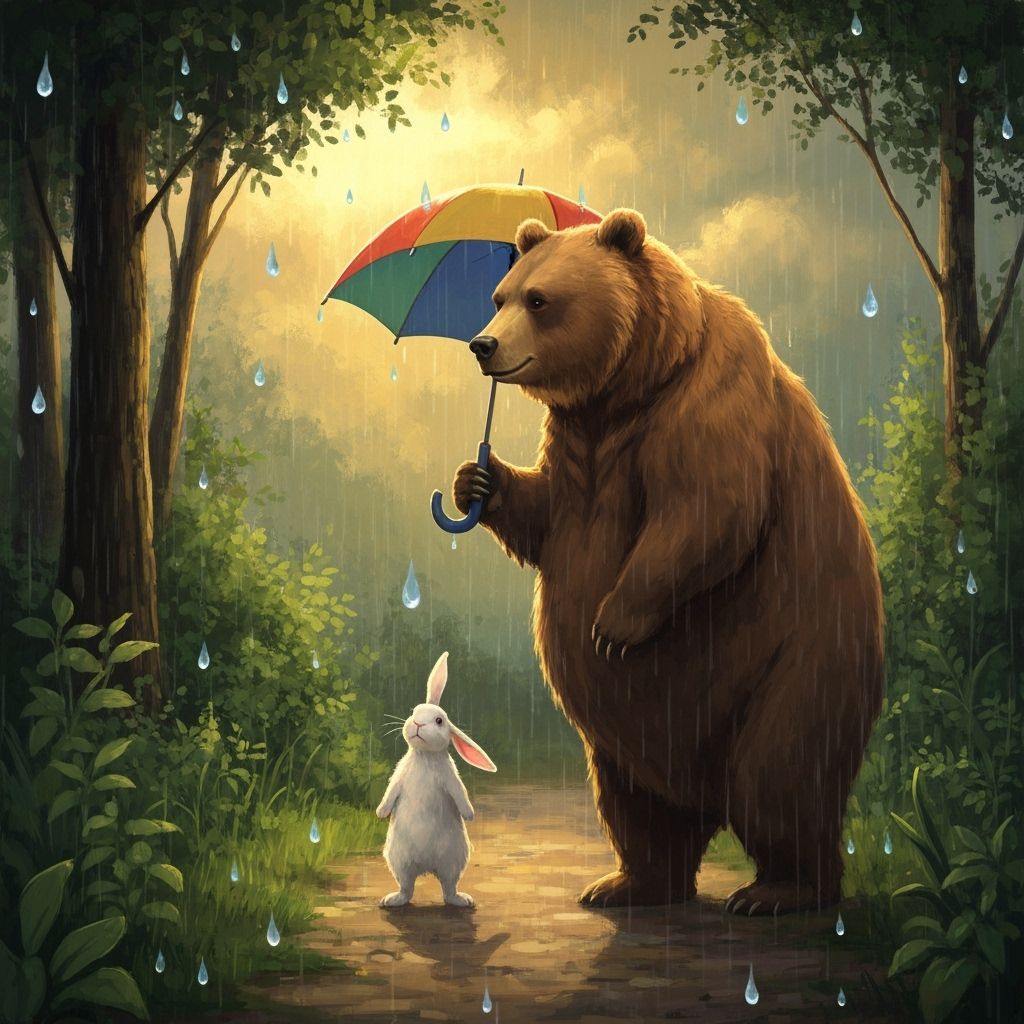 Giant Bear Shelters Rabbit from Rain in Tender Forest Scene