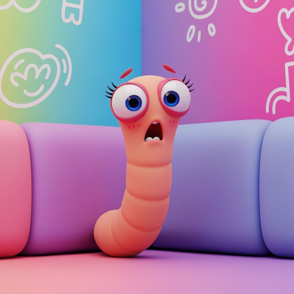 Panicked Cartoon Worm in a Bright, Whimsical Room