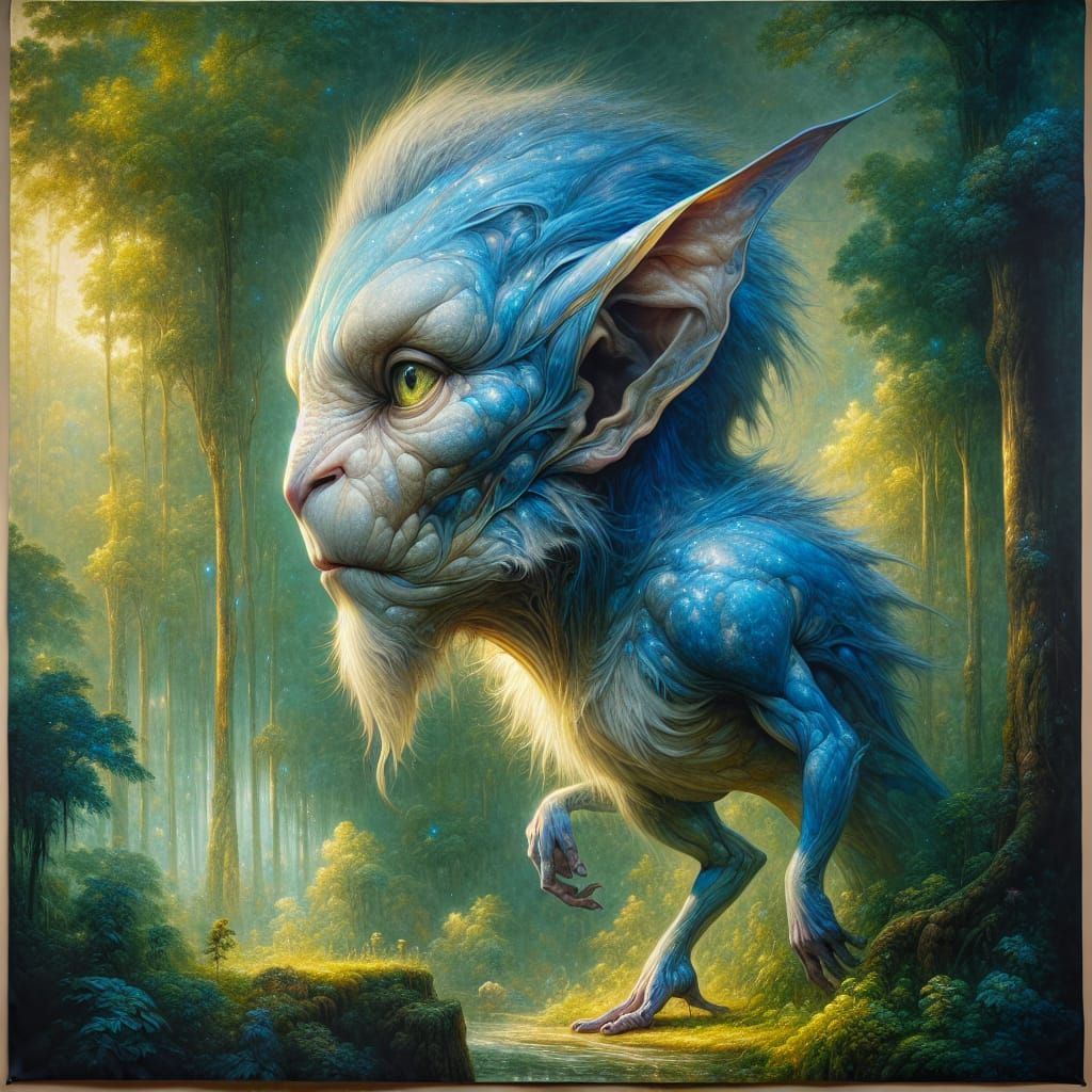 Blue Lutin in Lush Forest: Surrealist Caricature