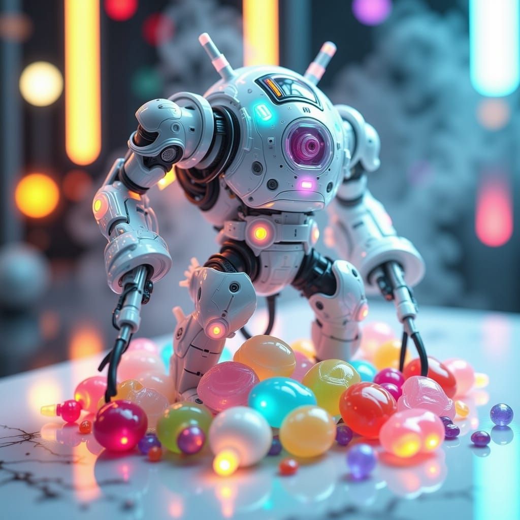 Cyberpunk Transformer Robot with Glowing Candy