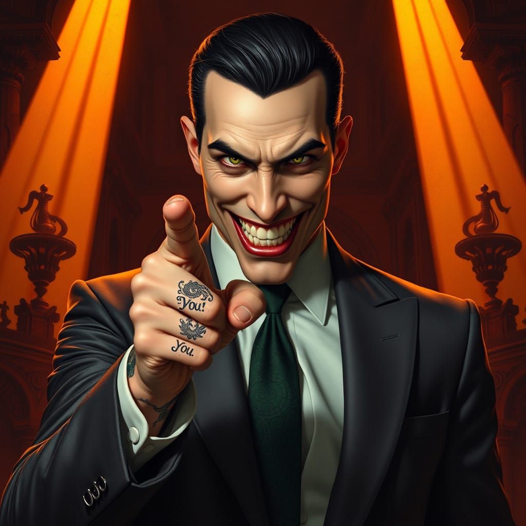 Villainous Businessman Confronts Viewer with Maniacal Grin