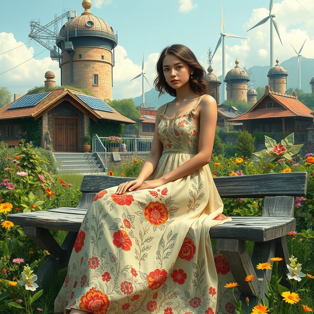 Solarpunk Woman Surrounded by Lush Greenery and Futuristic A...