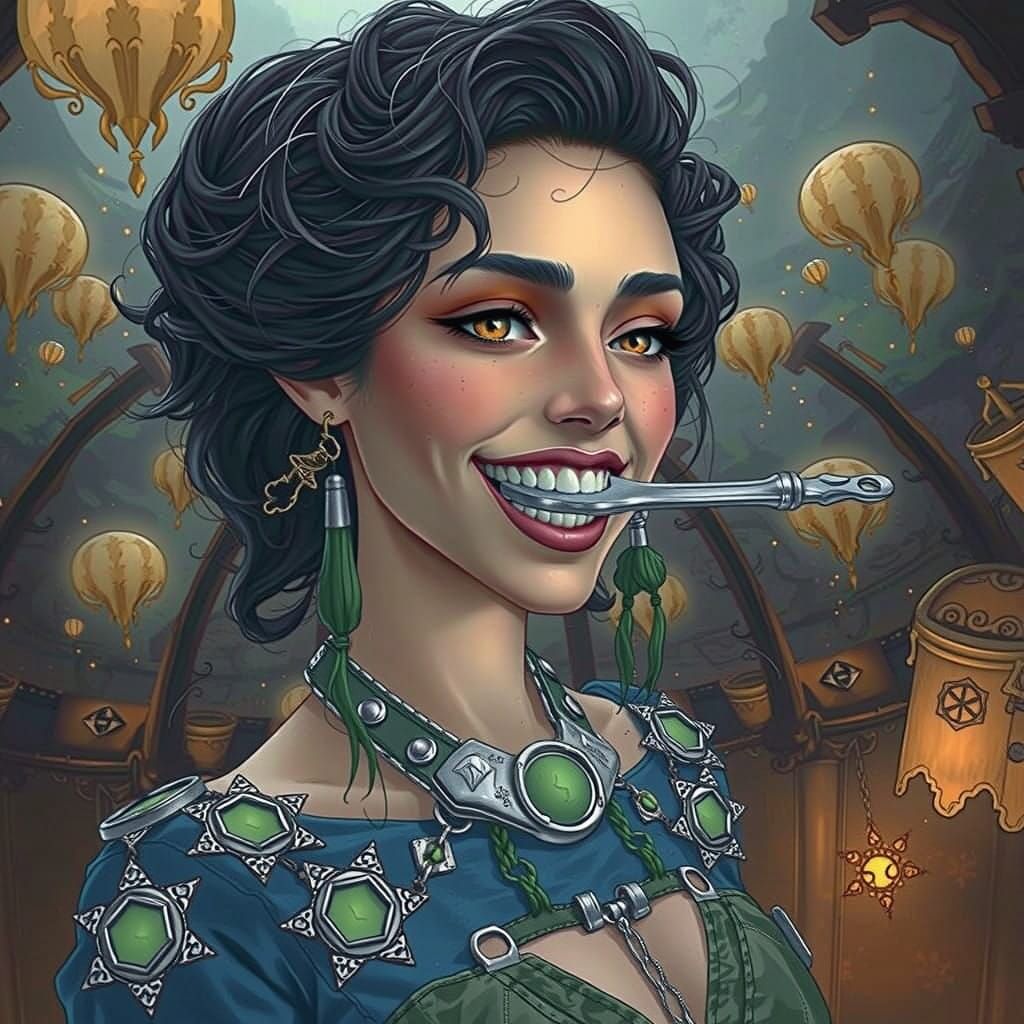 Woman in Dreamlike Realm with Crescent Wrench