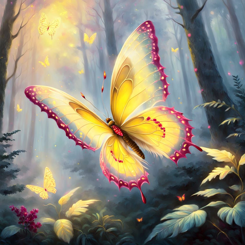 Whimsical Impressionist Scene of a Yellow Butterfly in a For...