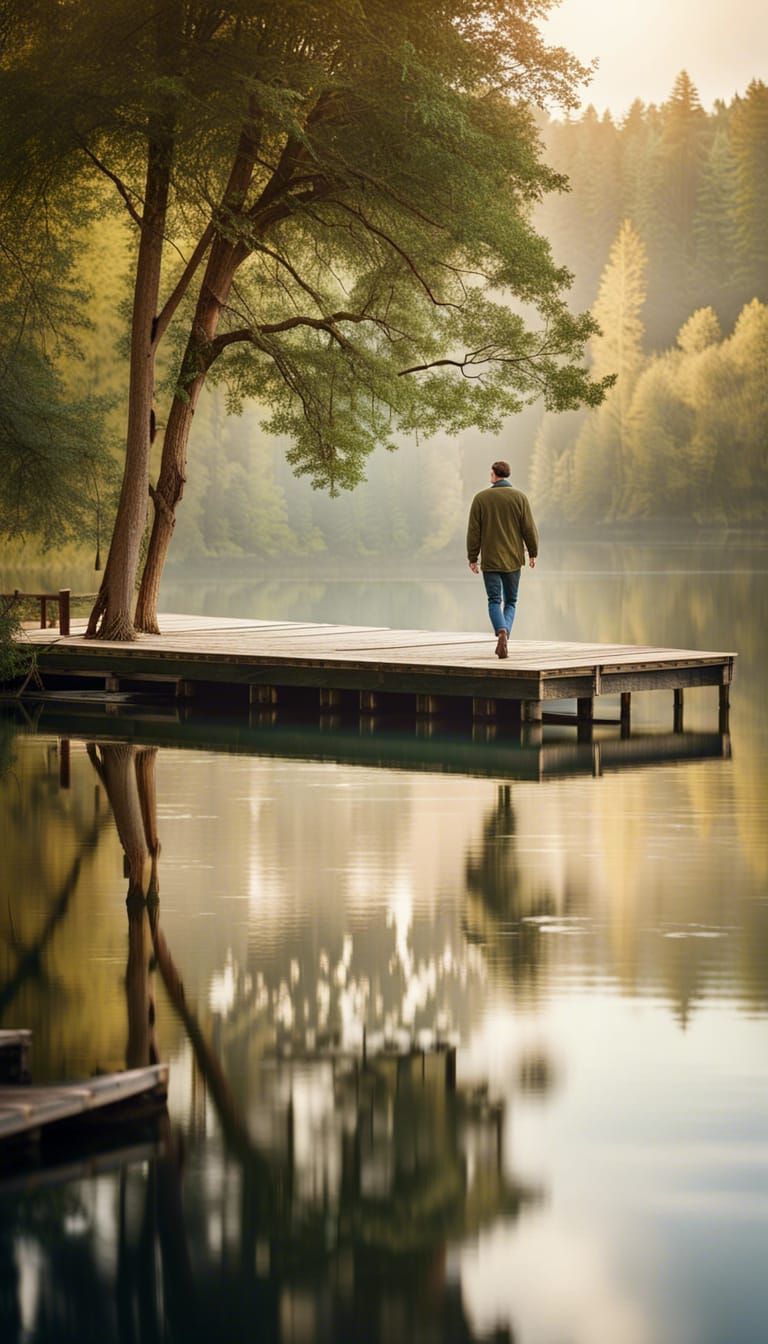 Man Walks Leisurely on Dock in Serene Nature