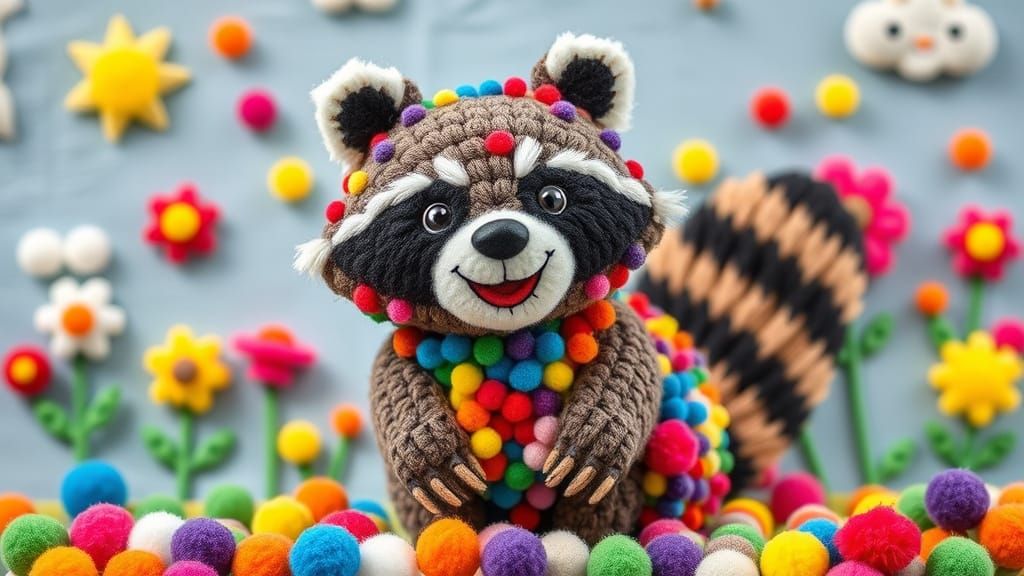 Colorful Pom Pom Raccoon in a Whimsical Scene