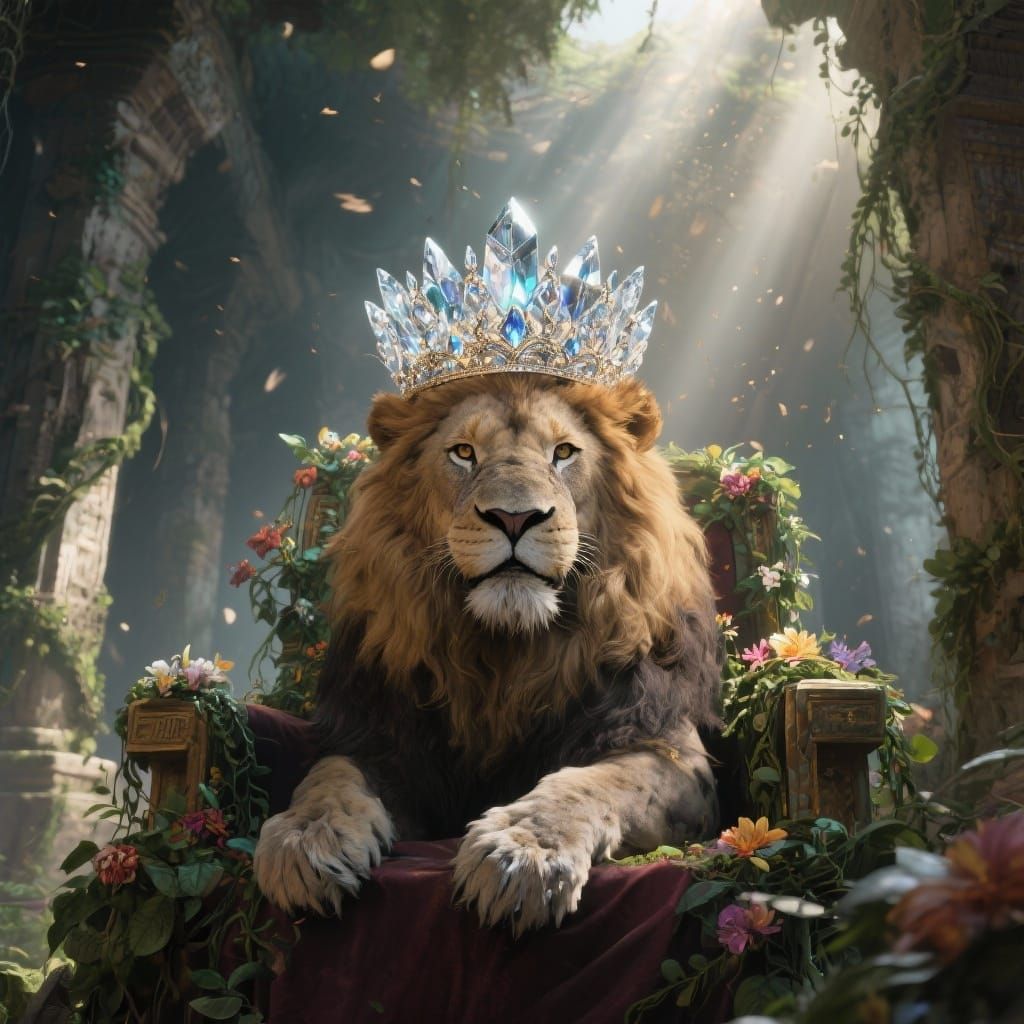 Lion Kingly Crowned in Ancient Temple