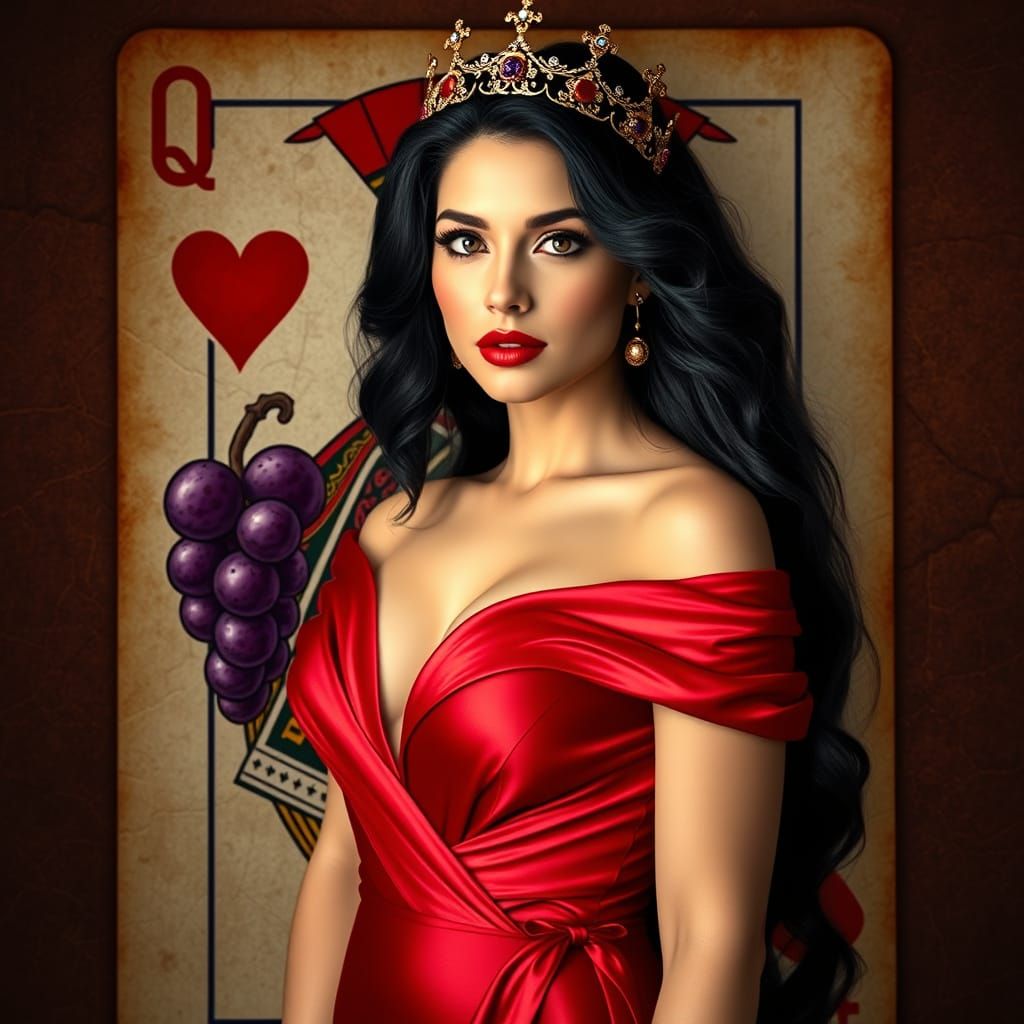 Regal Woman in Red Gown with Gold Crown and Worn Playing Car...