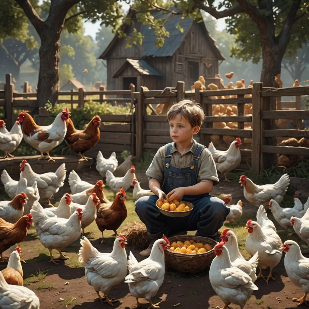 Hyperrealistic Boy Feeding Chickens: Detailed Matte Painting