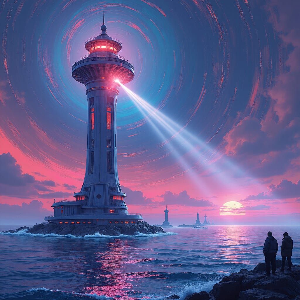 Futuristic Lighthouse Illuminates Cyberpunk Fleet