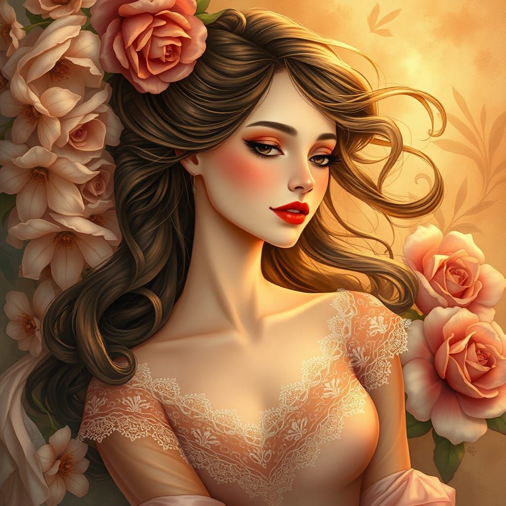 Elegant Lady in Whimsical Floral Paradise