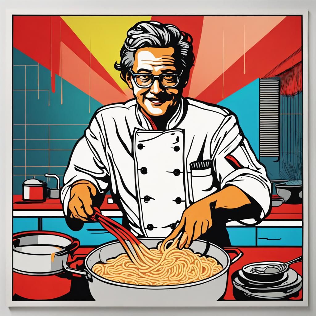a pop art-inspired piece featuring a celebrity chef cooking ramen