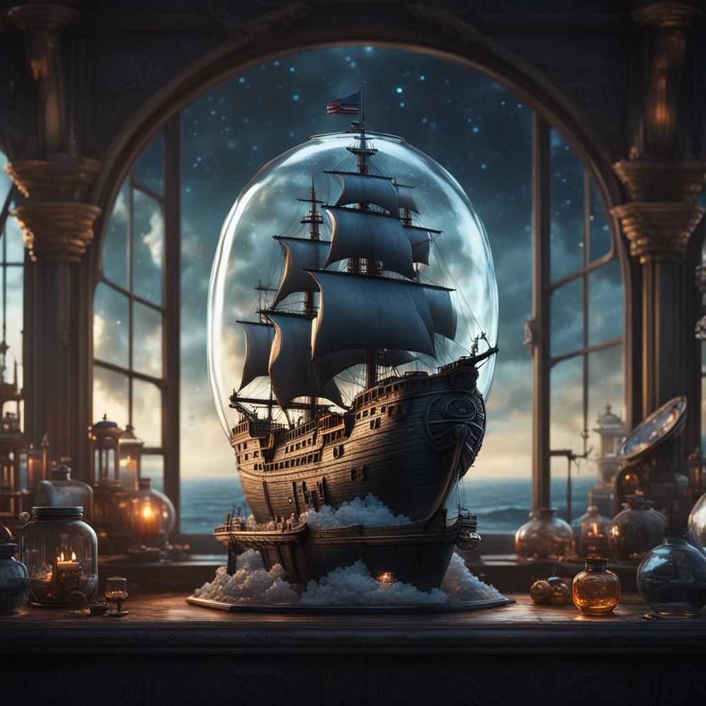 Black Pearl Ship in a Bottle: Detailed Matte Painting
