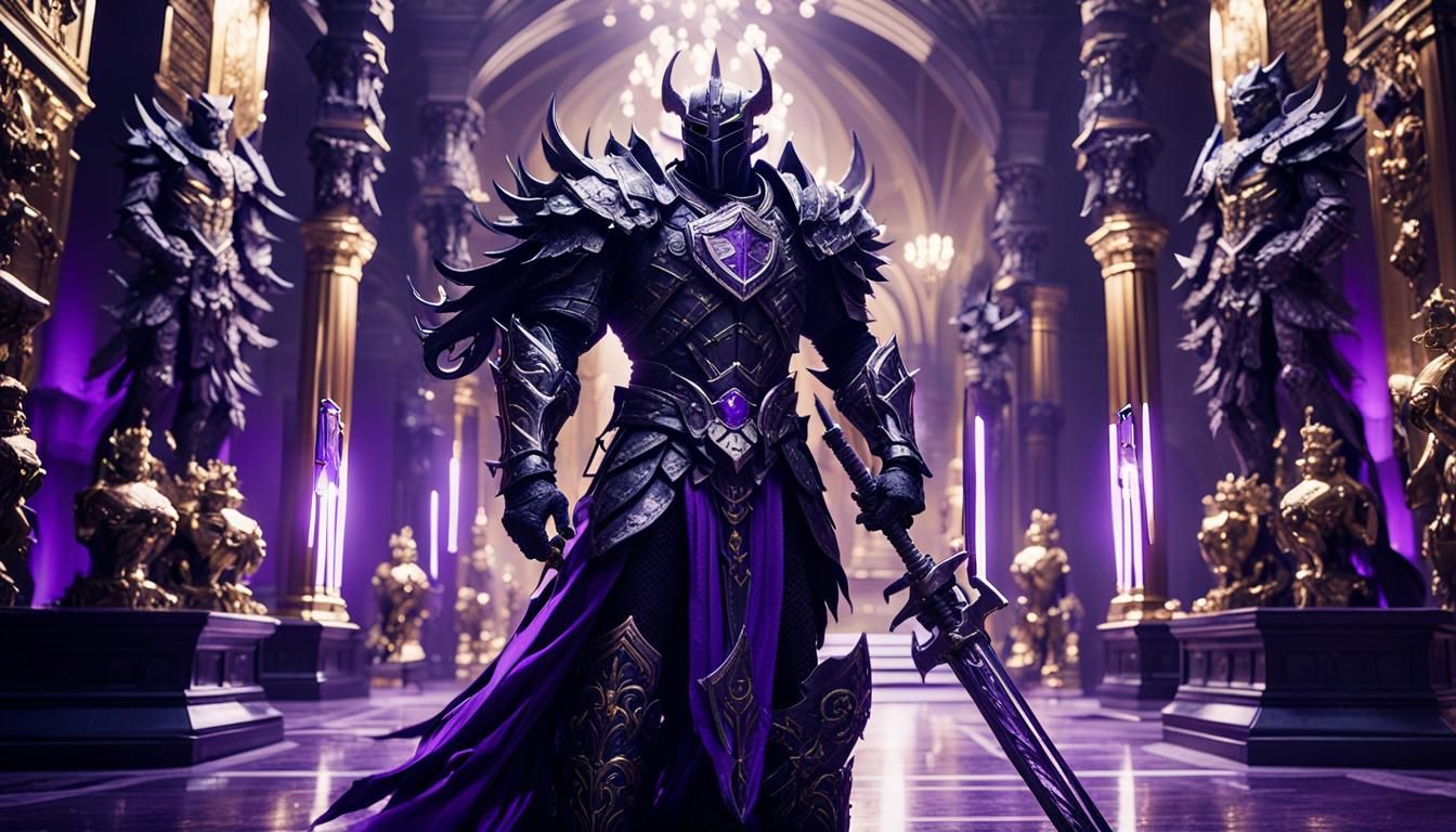 Demonic God Knight in Grand Hallway, Cinematic Still