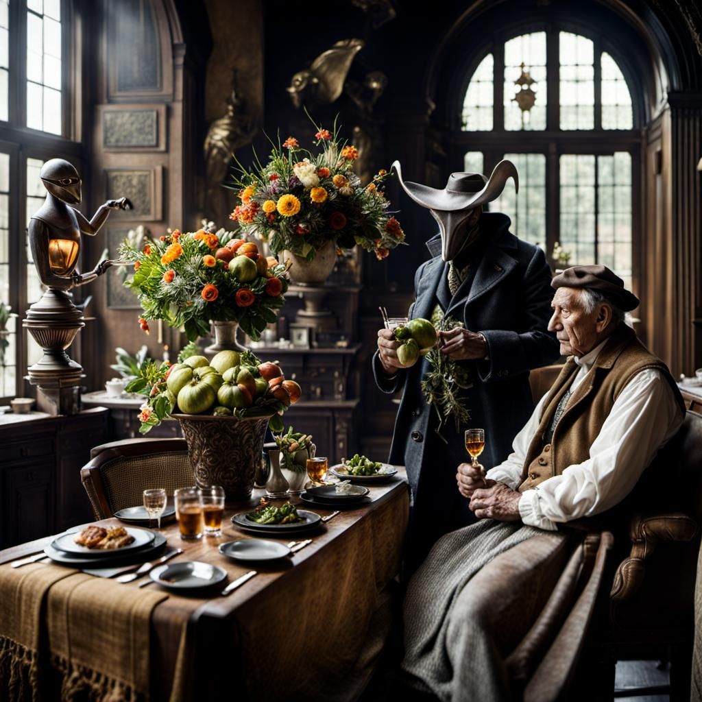 Surreal Restaurant Scene with Exotic Aliens