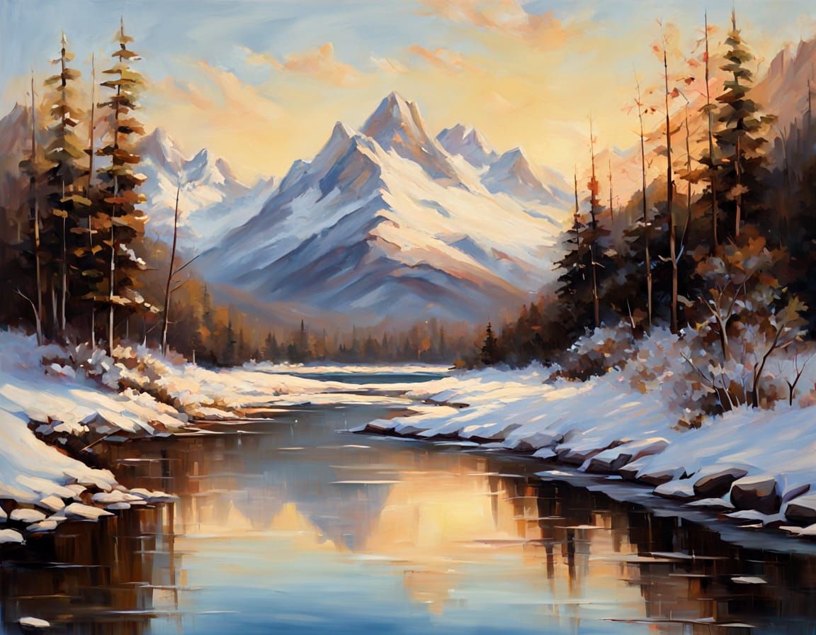 Serene Mountain Range Reflected in Calm River Oil Painting