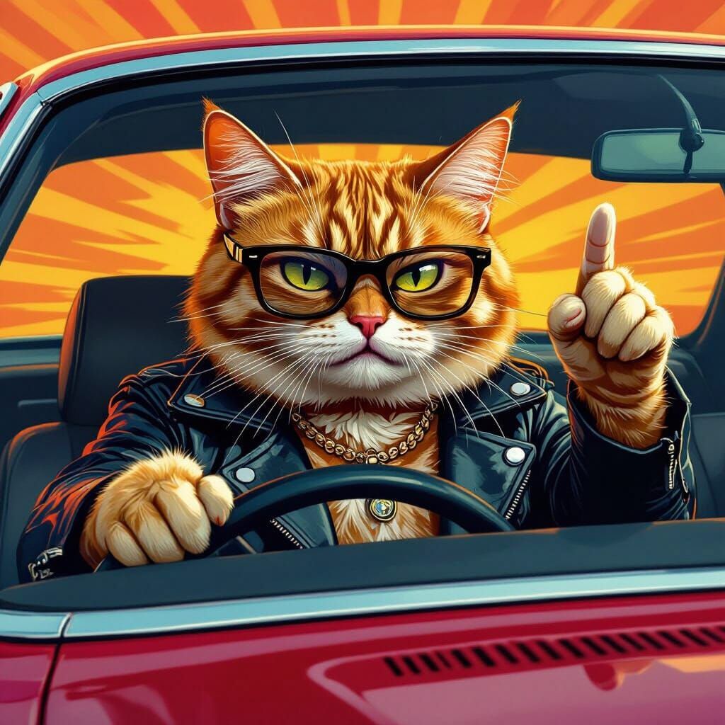 Angry Ginger Cat Drives Car, Flipping Off Other Drivers
