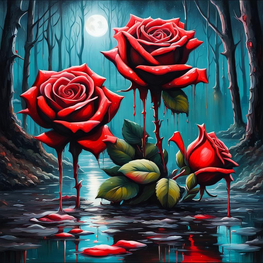 Red Roses Gleaming in Moonlight, Graffiti Art Style
