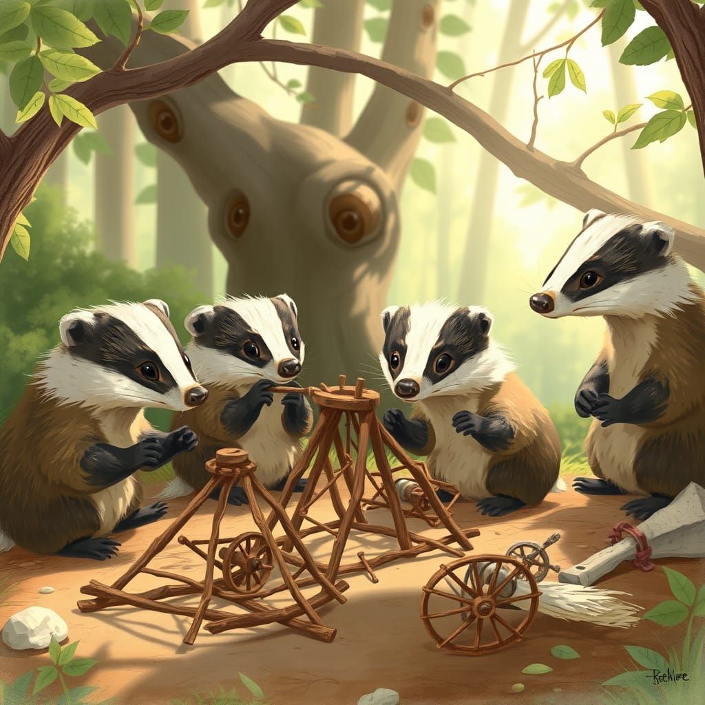 Anthropomorphic Badgers Build Tiny Siege Weapons