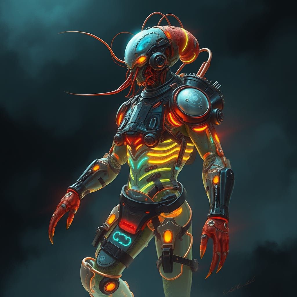 Cyberpunk Prawn Exosuit in Dark Underwater Scene