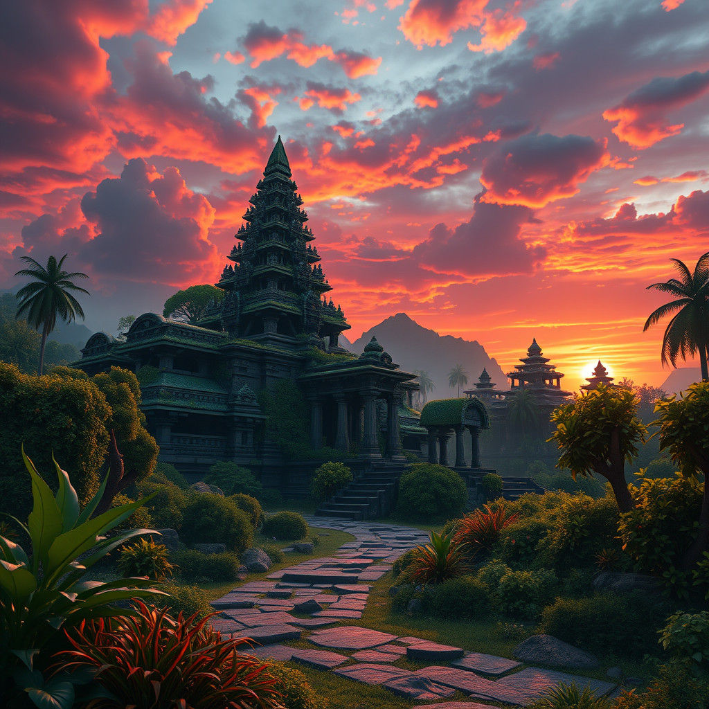 Mysterious Temple Ruins at Fiery Sunset