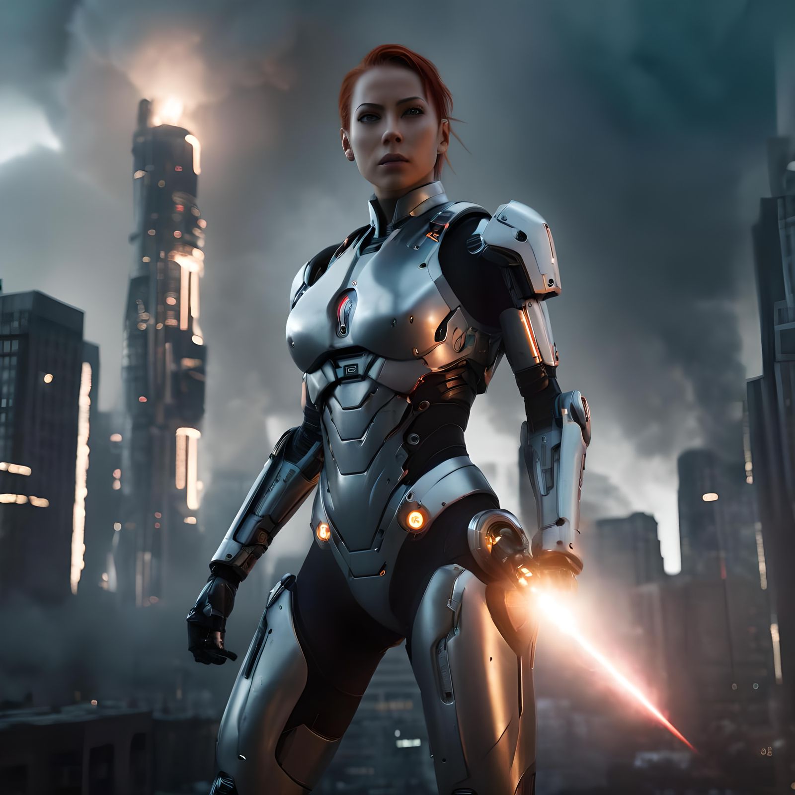Powerful Female Cyborg in Dystopian Cityscape
