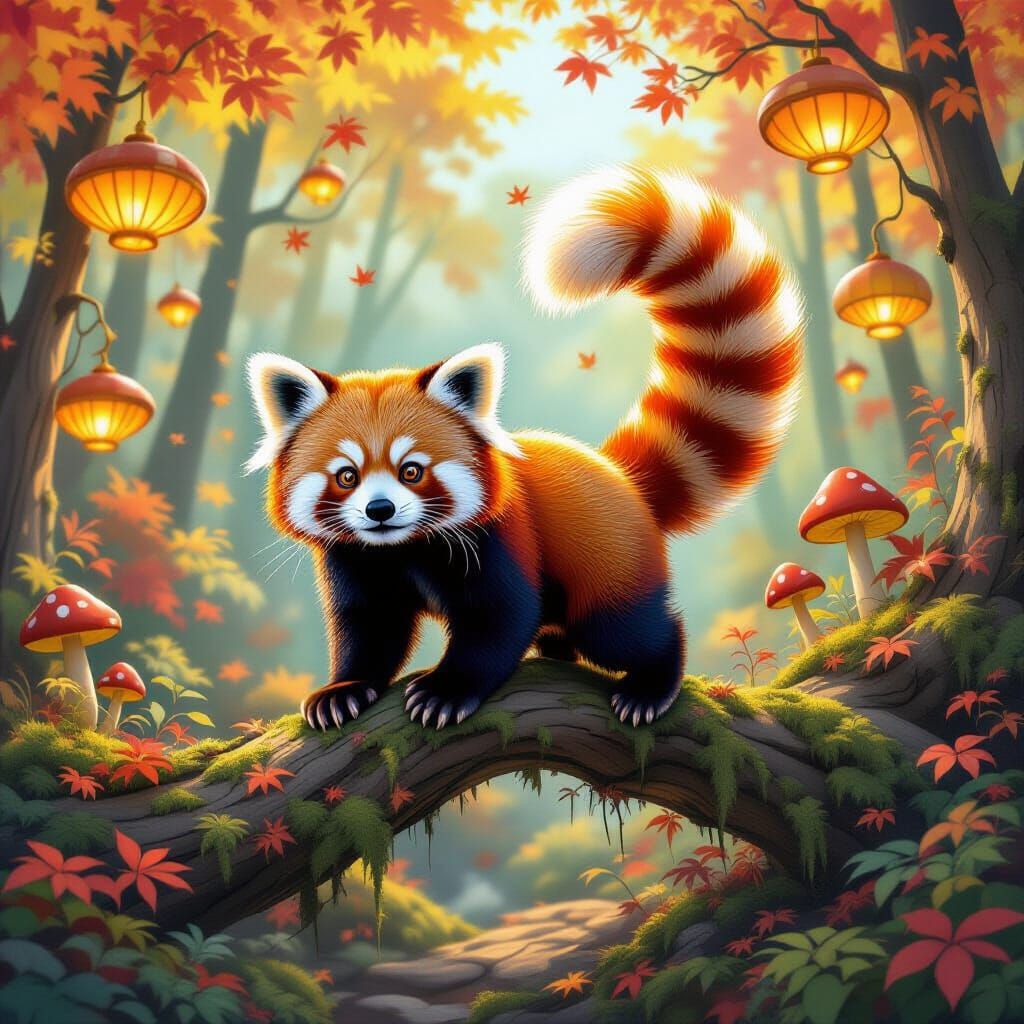 Playful Red Panda on Autumn Branch in Surreal Forest