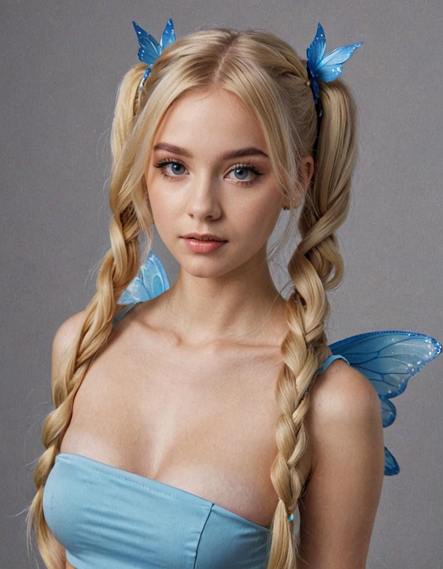 Blonde Pigtail Fairy with Blue Wings in 4K