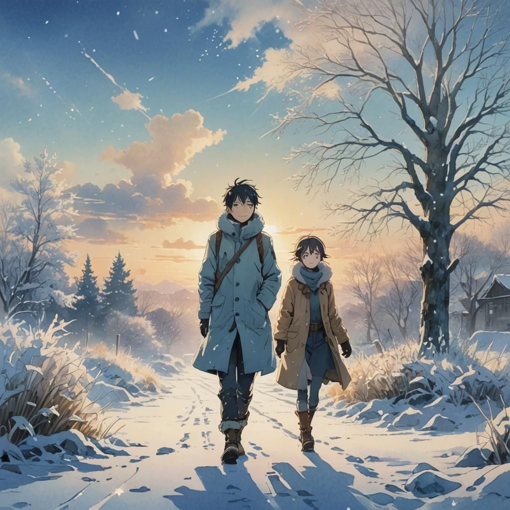 Surreal Anime Winter Scene with Snow Person in Warm Coat and...