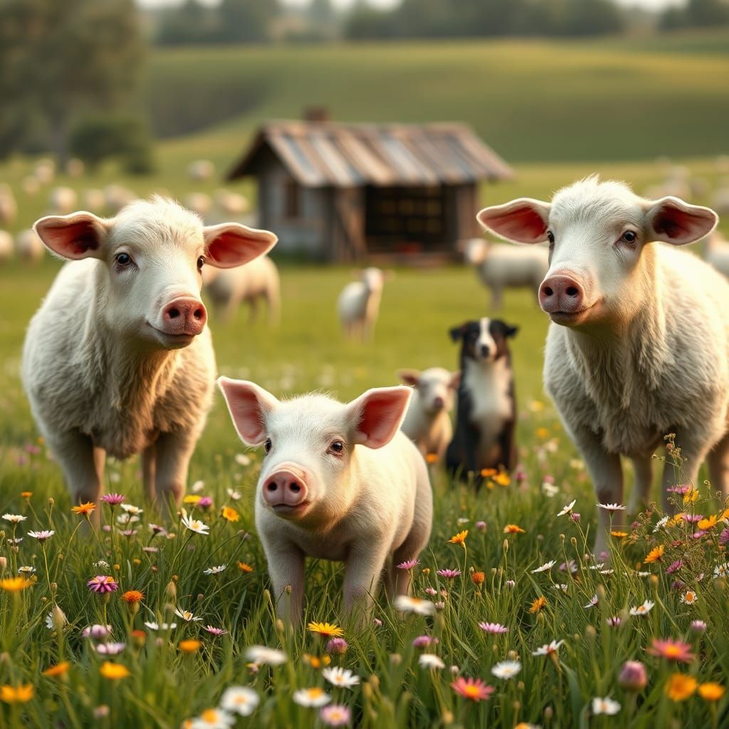 Piglet and Sheep in Australian Meadow