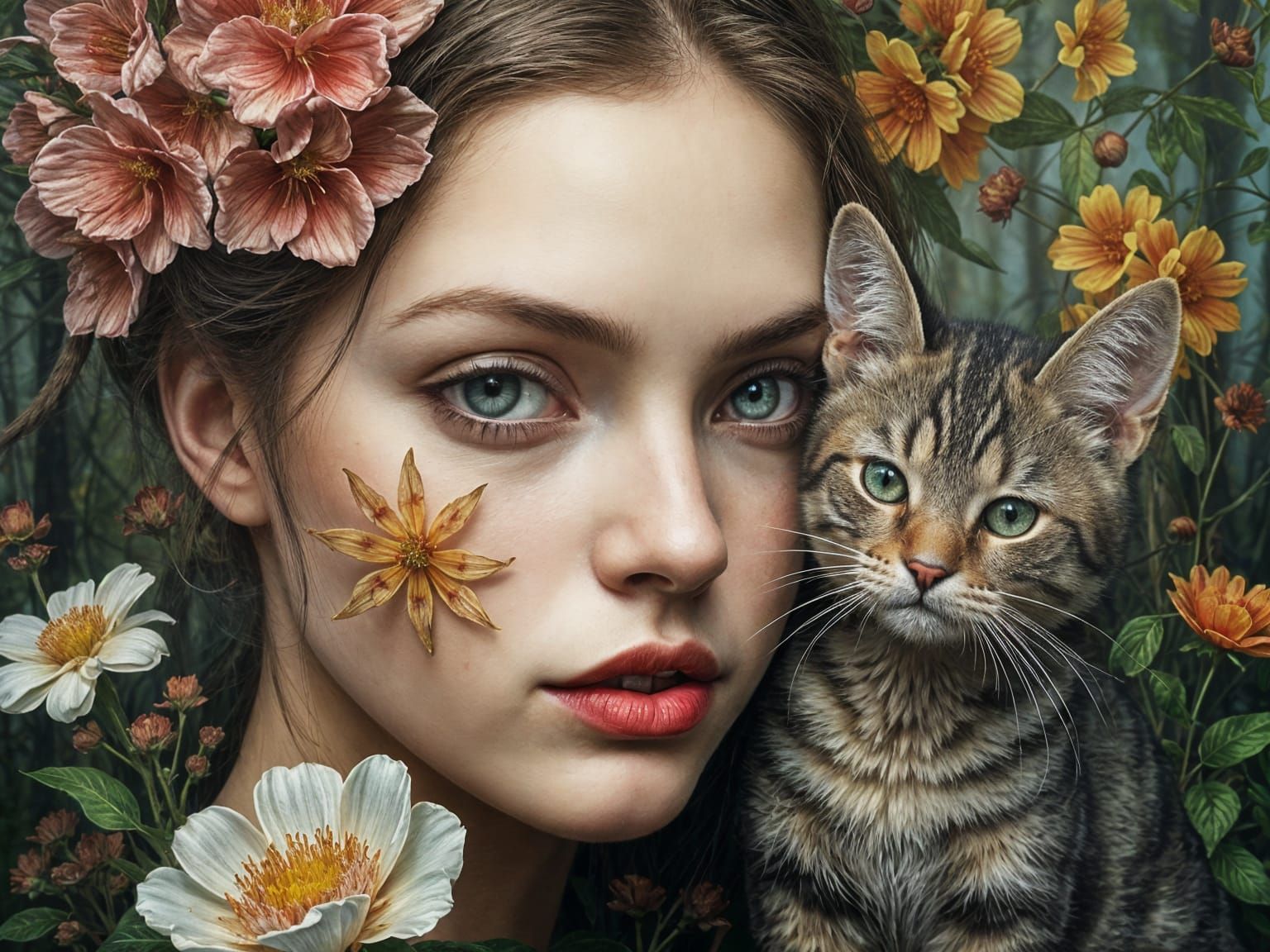 Breathtaking Fantasy Portrait of a Woman and Cat in a Whimsi...