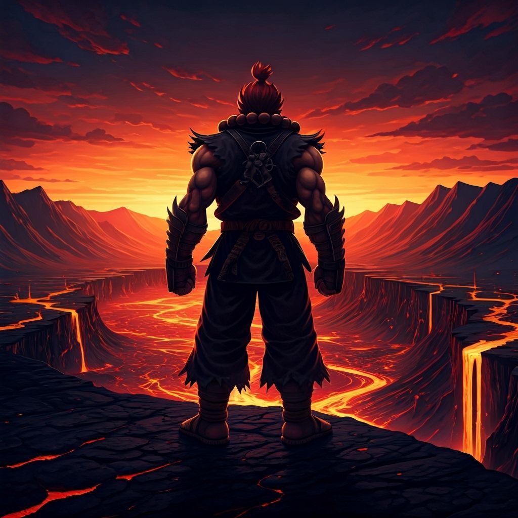 Gouki Akuma Warrior at Volcanic Caldera Sunset