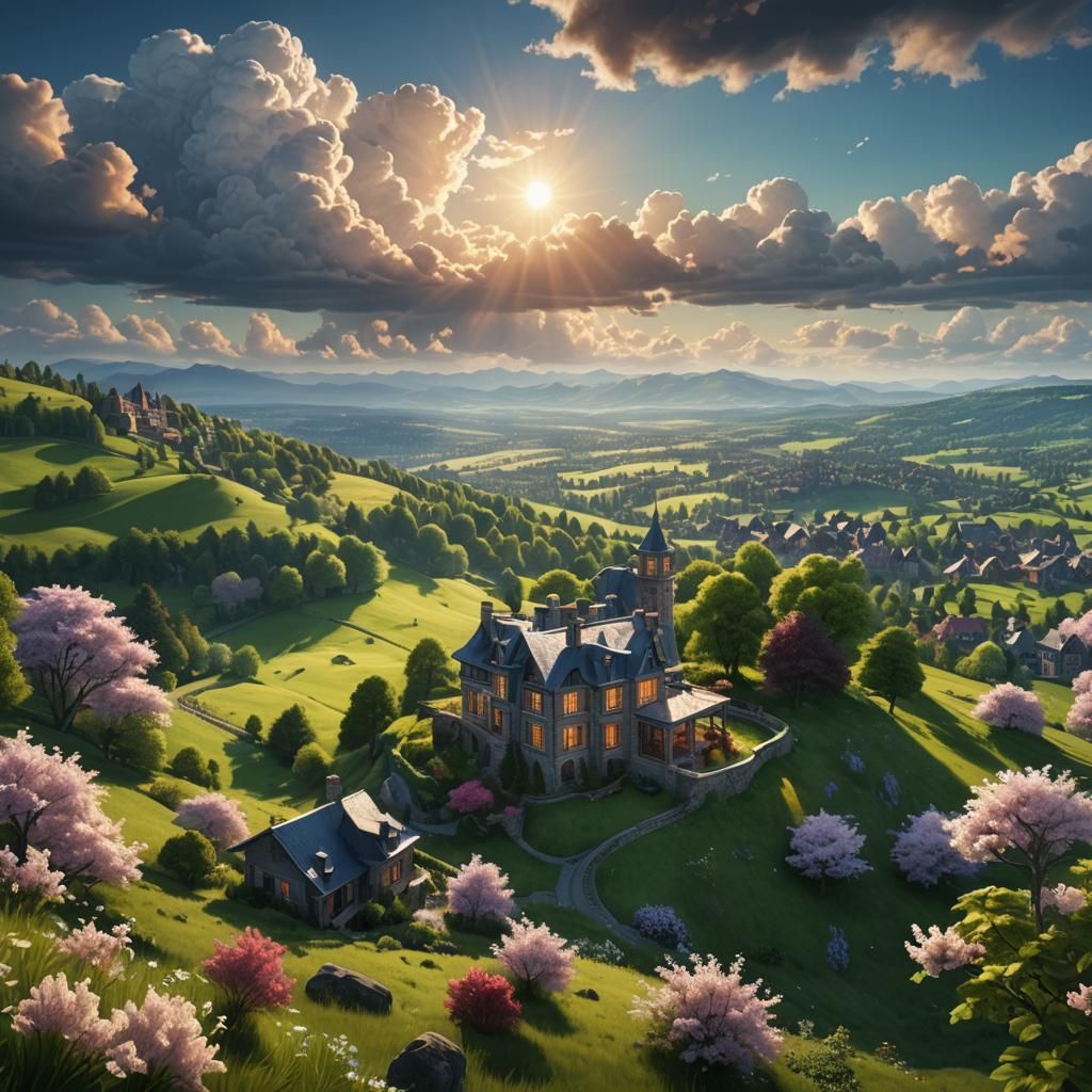 Majestic Country Mansion in Spring, Fantasy Concept Art