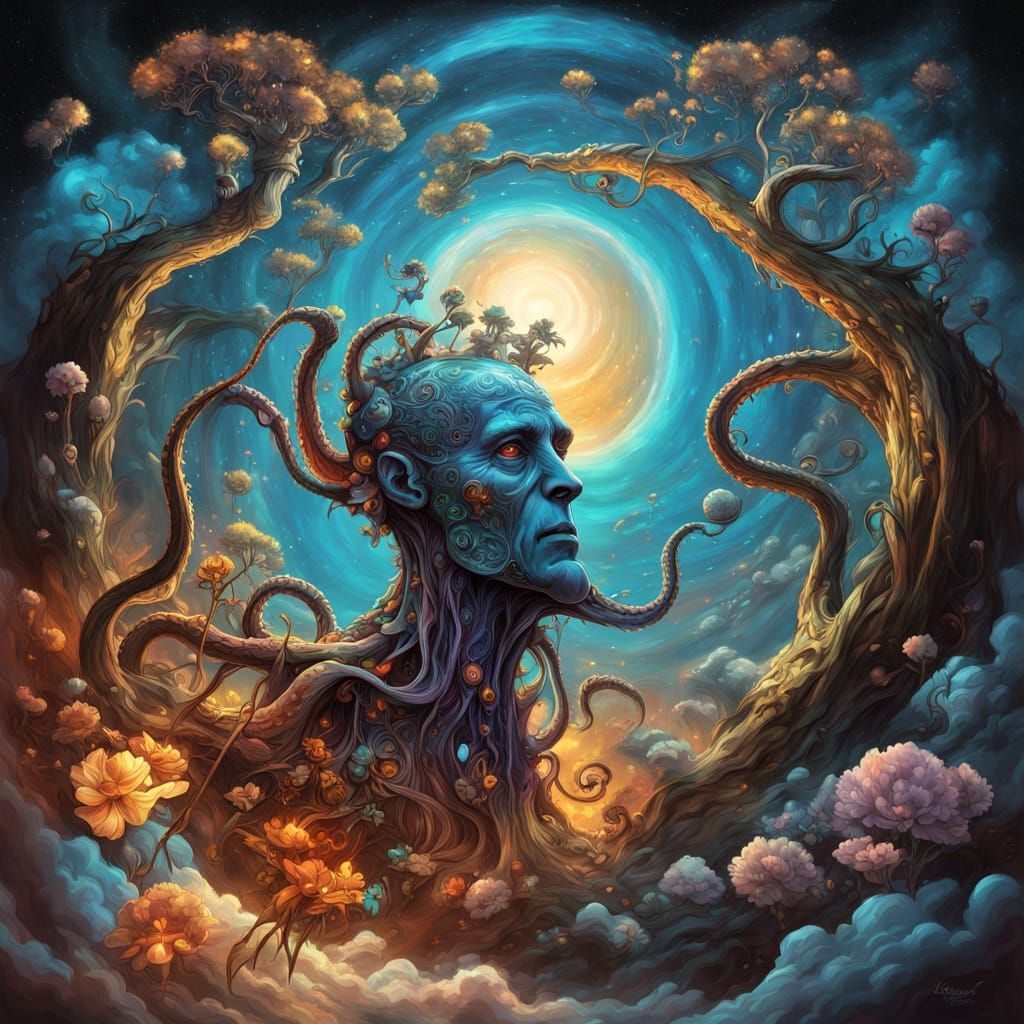 Surreal Cosmic Scene: Octopus Plays Frisbee with Gods