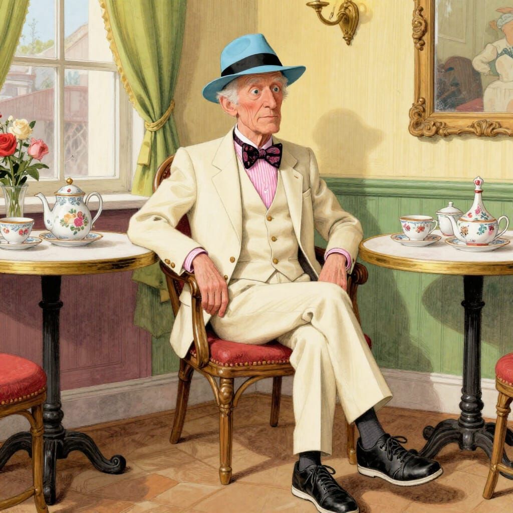 Eccentric Man in Vintage Tea Room, Whimsical Illustration