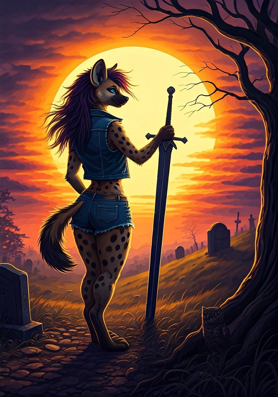 Hyena Warrior at Sunset: Acrylic Painting