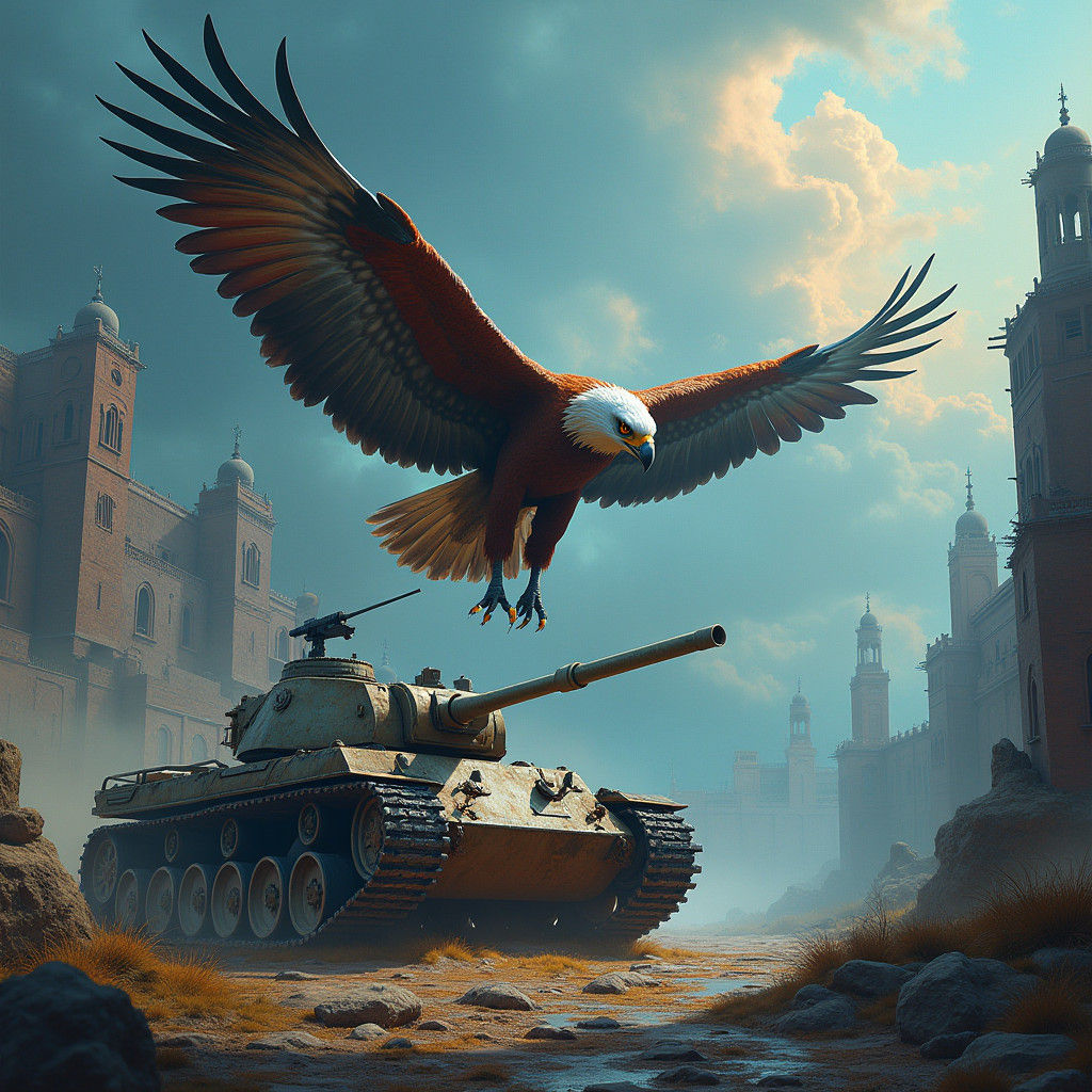 Eagle Soaring Above Tank in Mystical Cityscape