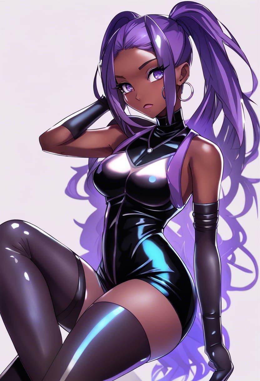 Anime Girl in Latex Dress with Purple Hair