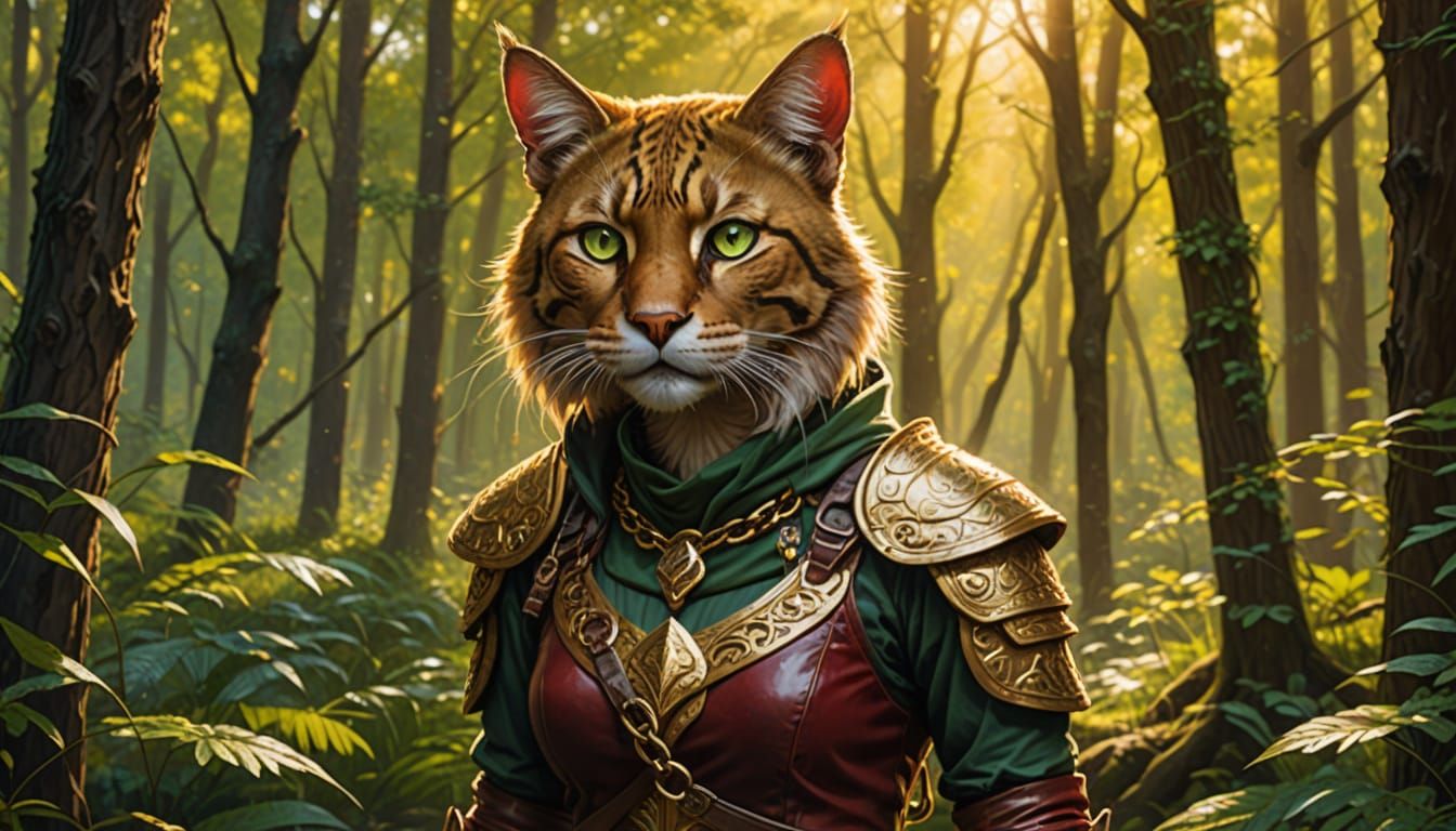 Tabaxi Warrior in Forest Clearing, Fantasy Oil Gouache