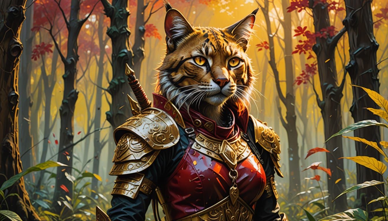 Tabaxi Warrior in Forest Clearing: Fantasy Oil Painting