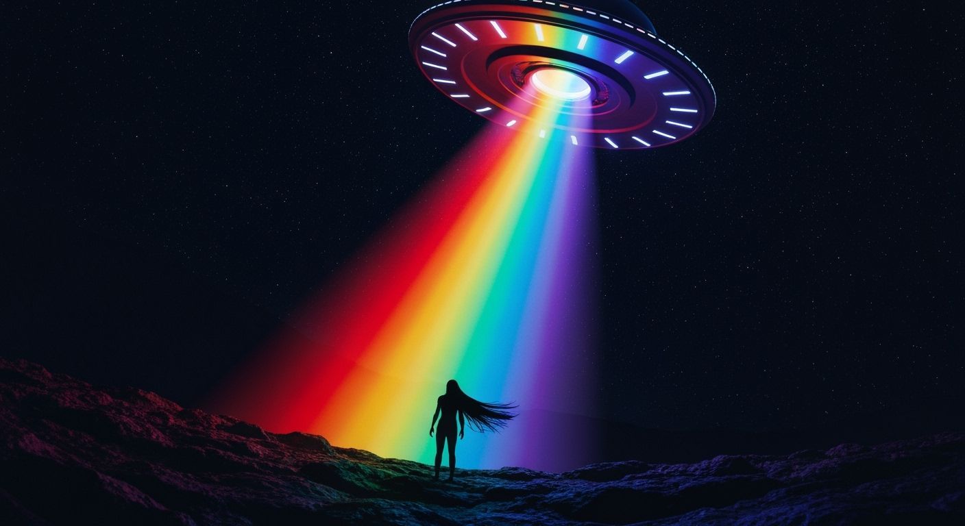 Sci-Fi UFO Rainbow Beam Illuminates Figure
