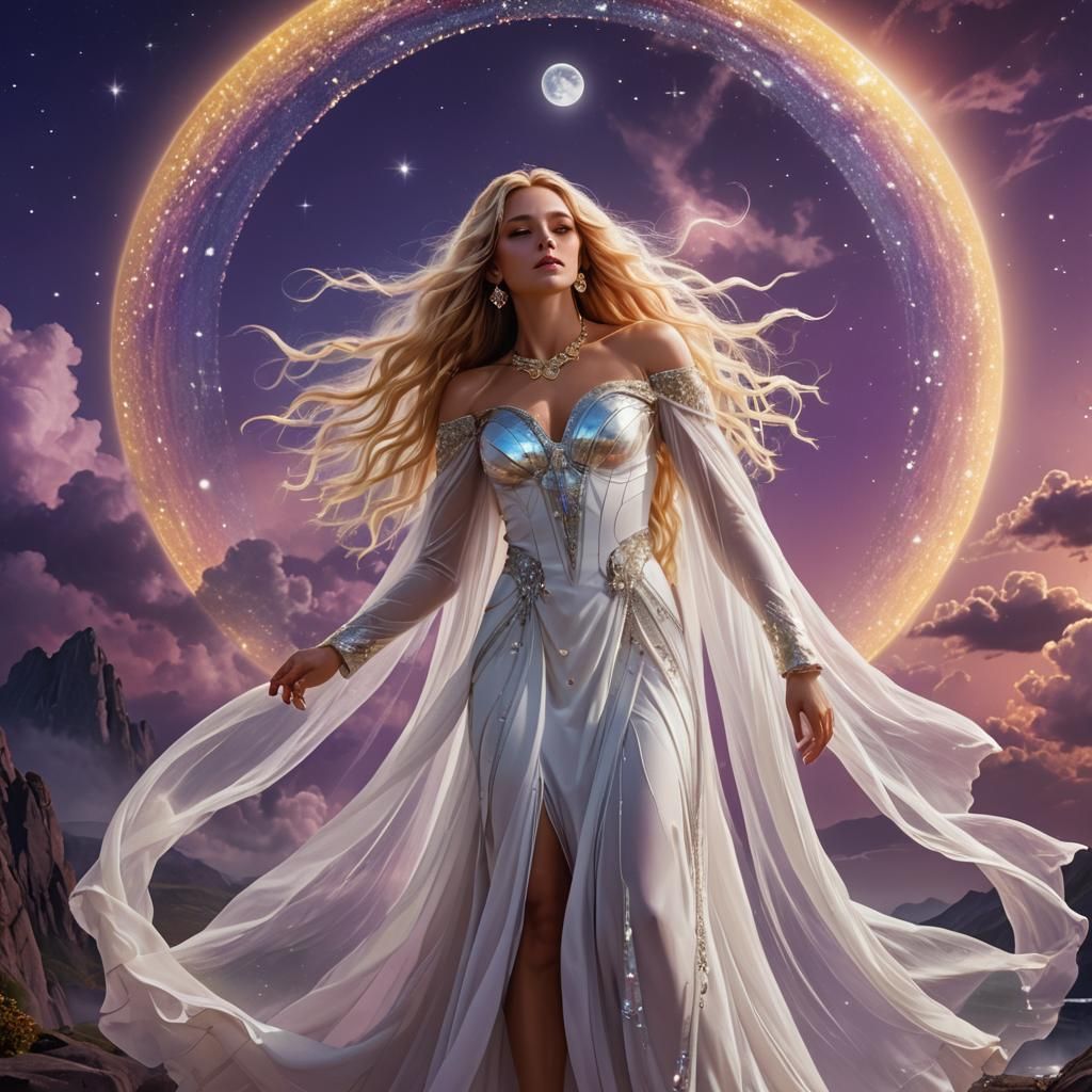 Goddess Before Crystal Under Moon in Fantasy Style