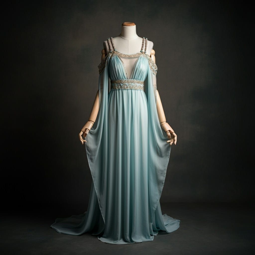 Ancient Greek Princess Gown in Delicate Gold Embroidery