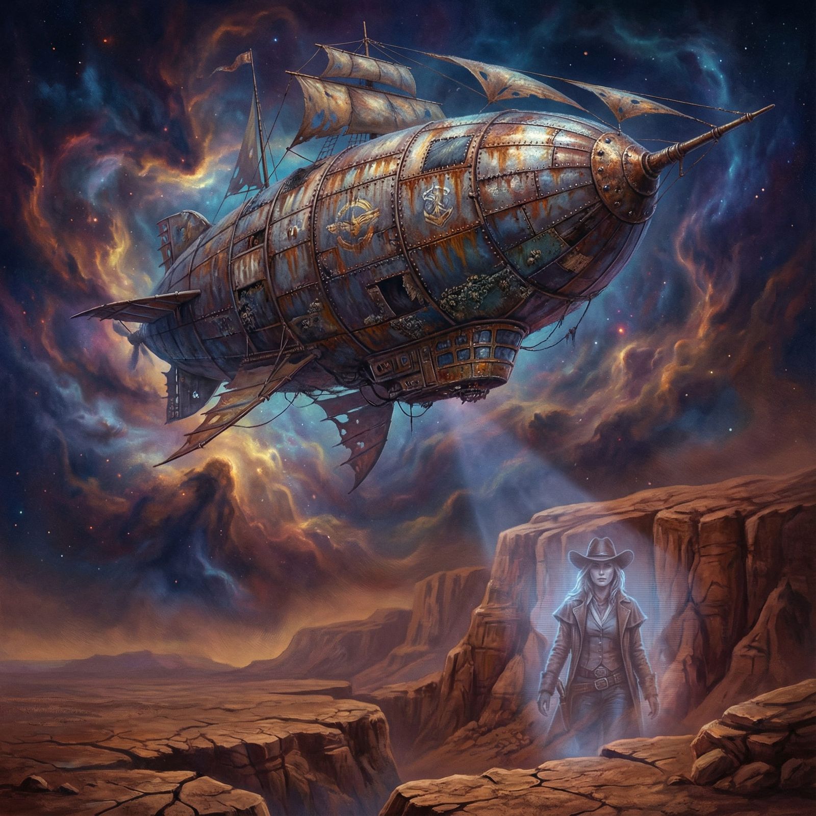 An old, weathered airship drifts through a nebula of swirling nebulae, its metallic hull bearing the marks of countless ...